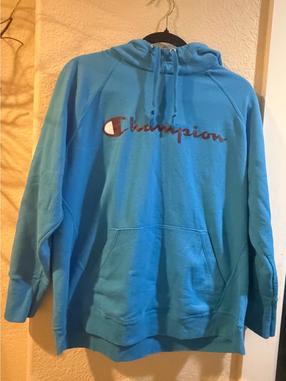 Champion Bright Teal Pullover Hoodie with Maroon Script Logo